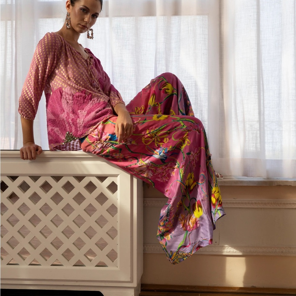 La Fuori Just Bellina Pink and Yellow Floral Pants size XL